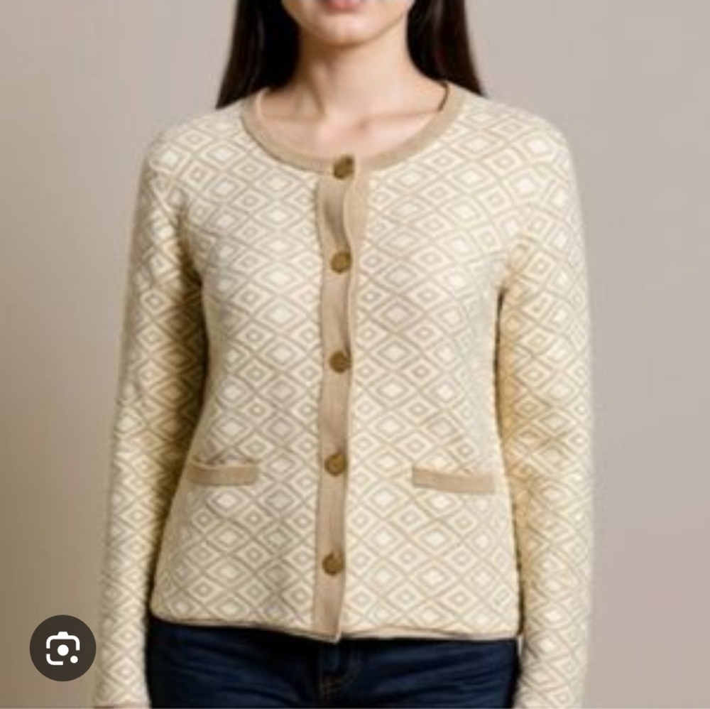 Halston Cream Neutral Textured Geometric Pattern Button Up Cardigan